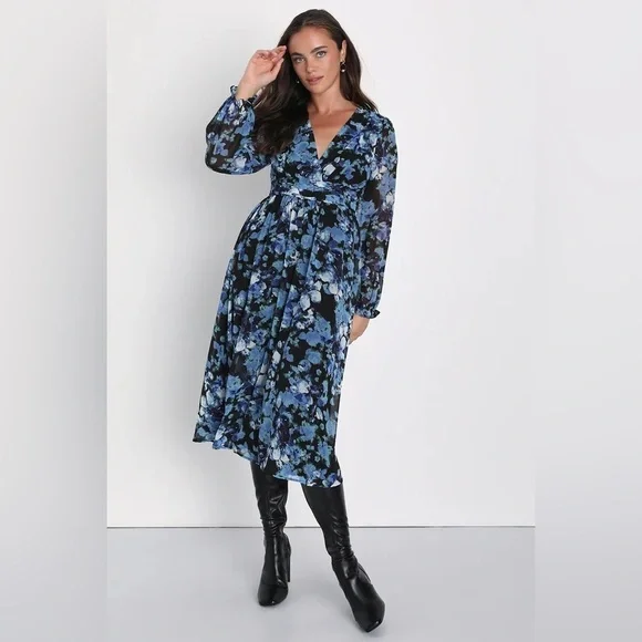Lulu’s Impressive Charm Black Multi Floral Print Long Sleeve Midi Dress - Picture 3 of 9